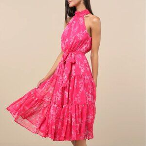 Lulus Float To You Hot Pink Floral Print Halter-neck Tiered Midi Dress - Size M